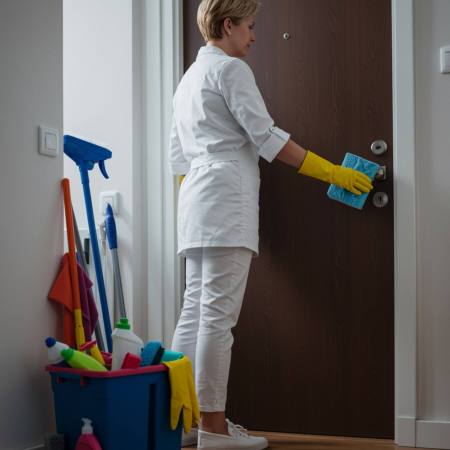 "Ilustración conceptual de un limpiador profesional abriendo la puerta de un apartamento reluciente, simbolizando una solución integral de limpieza con herramientas y productos organizados, en un ambiente brillante y acogedor."